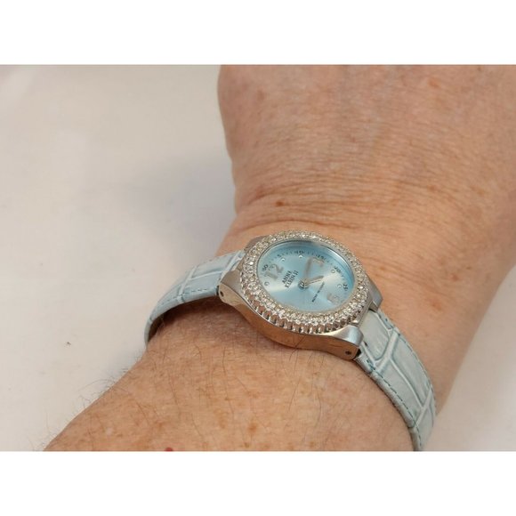 ANNE KLEIN II PEARL DIAL CRYSTAL BEZEL QUARTZ WATCH 10/3633 Blue Leather Band - Picture 3 of 8